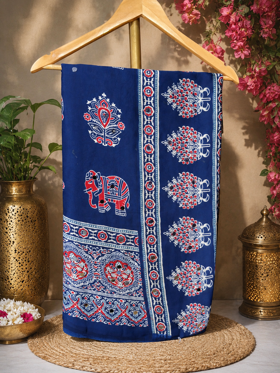 Designer Ajrakh Print Satin Soft Silk Saree with Mirror Work