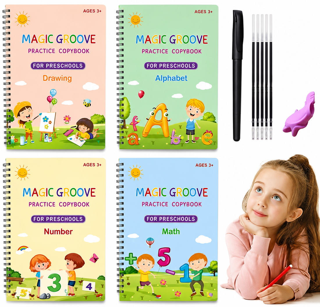 Auto Magic Practice Copybook Set (4 Books + 10 Refills + Finger Grip Holders) – Reusable Handwriting Workbook for Kids Learning & Writing (Age 3+)